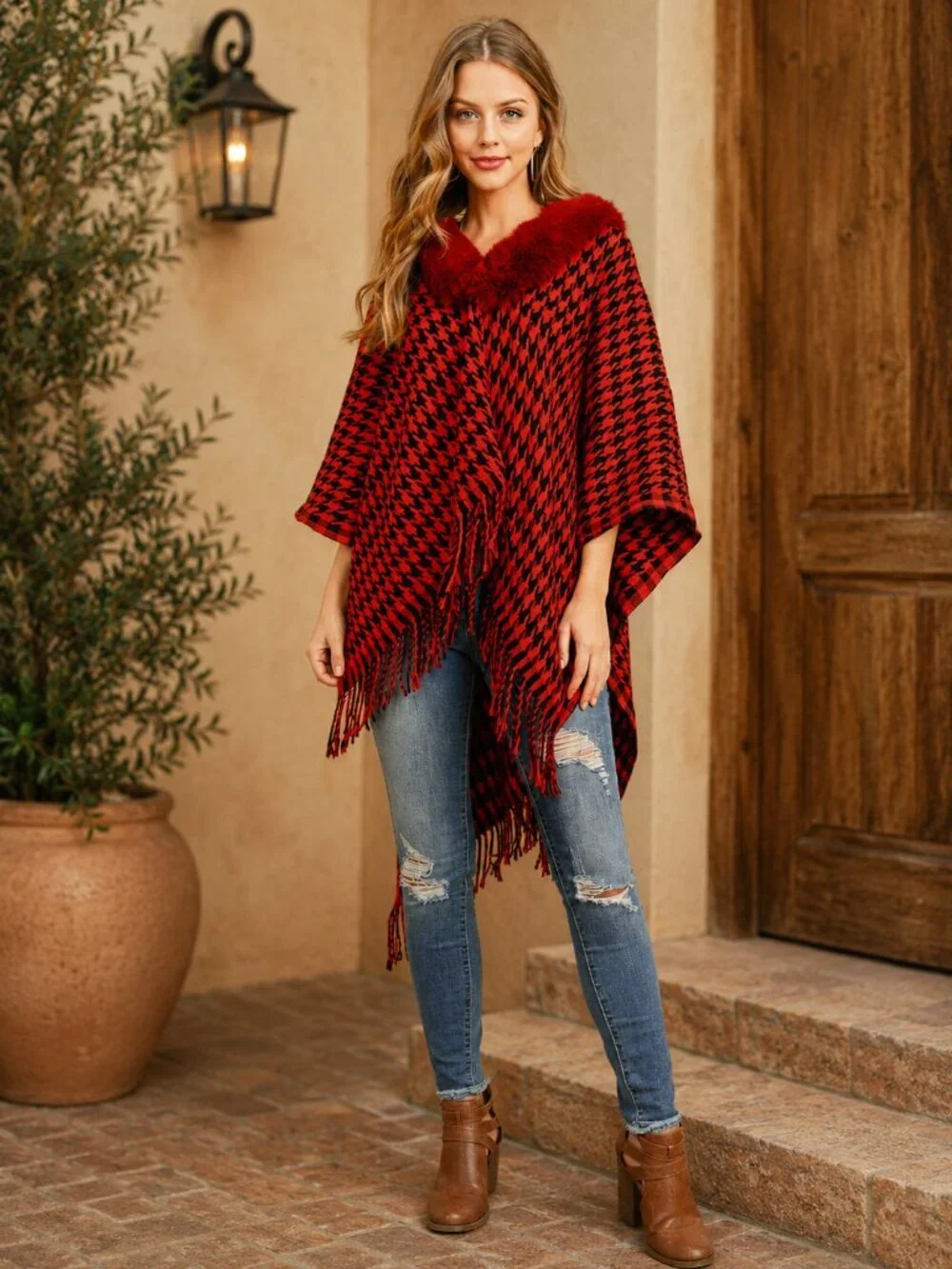 Red Houndstooth Poncho Faux Fur Collar One Size
